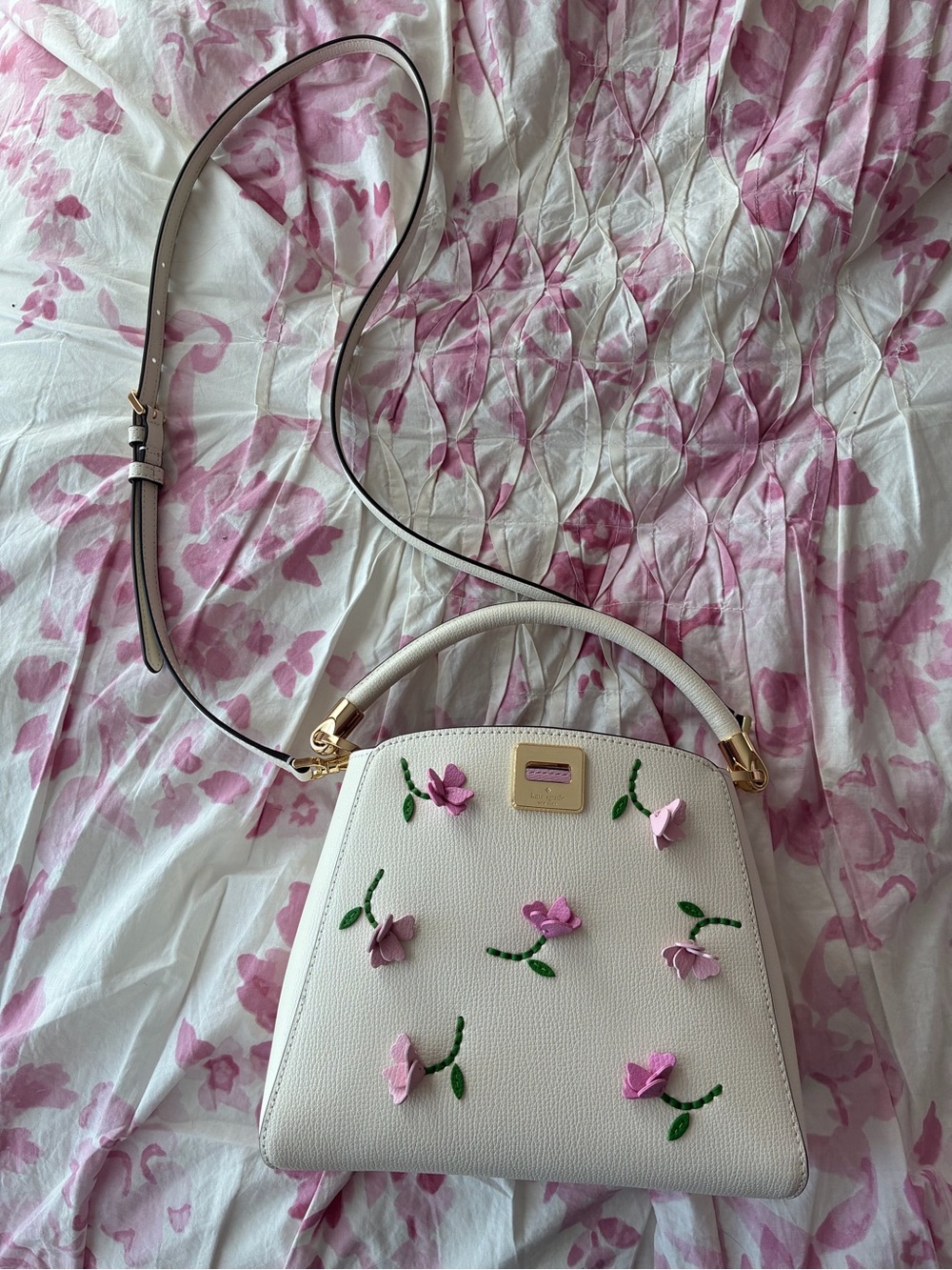 kate spade White and Pink Floral Appliqué Bag